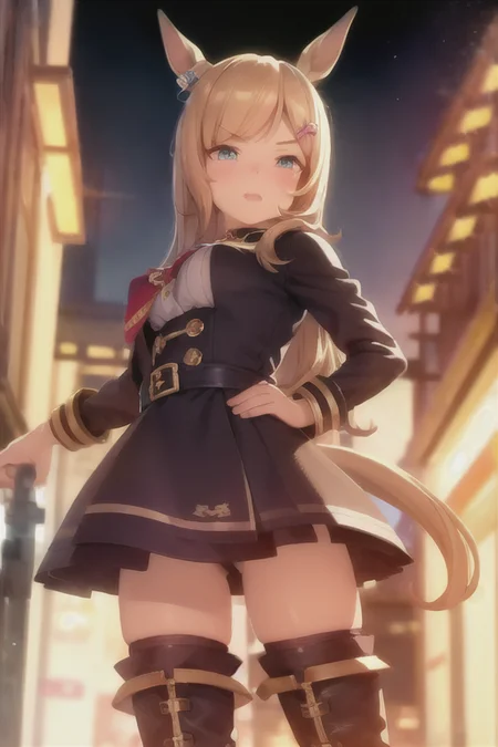 masterpiece,best quality,<lora:UmaMusumePrettyDerby_umms:1>umms,(horse ears, horse girl,:1.2) (horse tail,:1.3) ,full body
road, soft light,detailed lighting,cinematic light,neon lights,street lamp,shop,
detailed face,1girl,solo,hair bangs,hair clip,happy face,{{super detailed skin}},
{{wear armor}}, thigh boots,, detailed boot,gems, jewellery,badges,shackles,lots of gems, lots of badges,