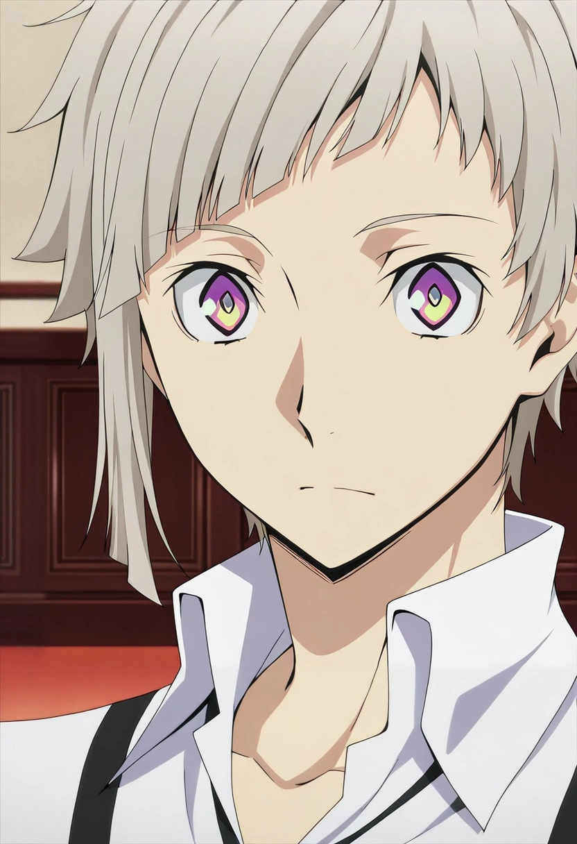 masterpiece, best quality, intricate details, anime screencap, anime coloring, official style,, 1boy, solo, male focus, <lora:atsushi_nakajima_ilxl:0.98>, atsushi_nakajima, grey hair, yellow eyes, multicolored eyes, purple eyes, short hair, ,