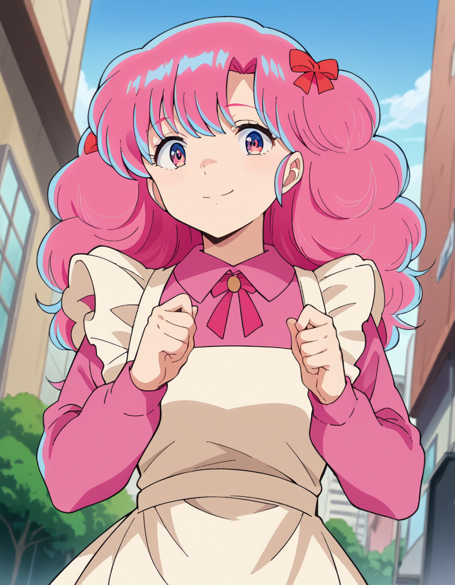 score_9, score_8_up, score_7_up, source_anime,
uruseiyatsuraran, <lora:urusei-ran-ponyxl-lora-nochekaiser:1>,
ran, long hair, bangs, pink hair, bow, hair bow, red bow, pink eyes, smile,
long sleeves, apron, white apron, shirt, pink shirt, frills, long sleeves,
outdoors, cityscape,
looking at viewer, cowboy shot, dutch angle,
