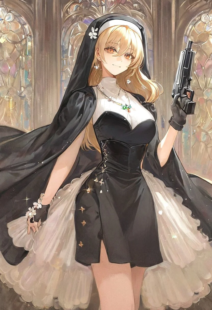 (masterpiece), (score_9, score_8_up, score_7_up,source_anime), 4K8K, very aesthetic, absurdres, best quality, hyper detailed, ultra detailed,
from side,
p1nk1r1sc4l3s,
(japanenes cute woman hands holding gun, Petite, medium breasts),
glowing eyes, amber eyes, one knee up standing,
Smirk, (blonde hair, ponytail, kanzashi),
(wearing nun, black dress, iridescent Scale gloves, iridescent Scale accessories, iridescent Scale earrings, iridescent scale bracelet, iridescent scale necklace),
(in the ballroom),