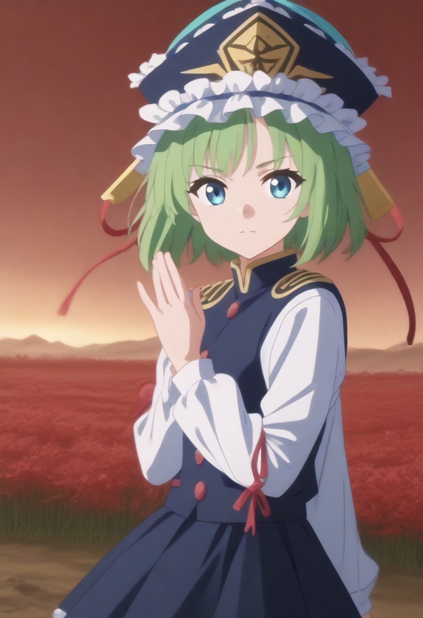 1girl, solo, solo focus, highres, absurdres, shikieiki, green hair, frilled hat, blue eyes, blue headwear, short hair,
long sleeves, black skirt, white shirt, blue vest, red ribbon, epaulettes, small breasts, arm ribbon, buttons, 
looking at viewer, head tilt, from side, bare hands, hand up,
red spider lily, flower field, night sky, red sky, dark, red theme,