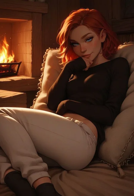 score_9, score_8_up,score_7_up, score_6_up, score_5_up, score_4_up, large, rustic cabin, living room with fireplace, rustic, large window, morning light coming in, view of the mountains, BREAK, red-haired girl, with freckles, 18 years old, straight hair, beautiful blue eyes, thin, small breasts, ((all black sweatshirt)), ((loose white pants)), perfect anatomy, black socks.BREAK, lying on back, grabbing coverd small breasts, naughty face, horny face, g0thicPXL.