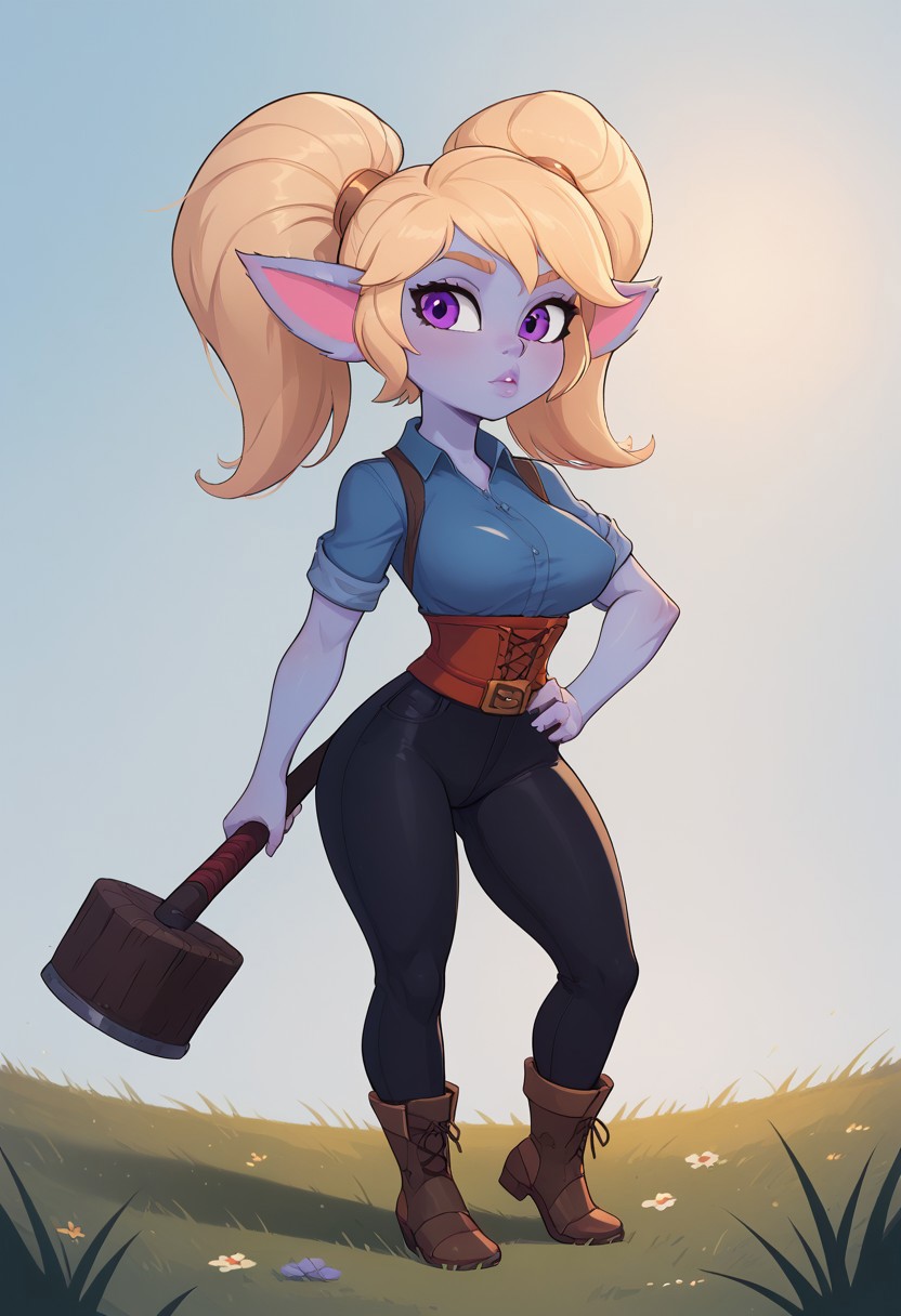 masterpiece, best quality,Expressiveh,volumetric lighting,gradient color, BREAK raytracing, volumetric lighting, ambient occlusion. 1girl, solo,yordle woman,Poppy, lol, curvy,blue skin,perfect face, thick eyeliner, medium breasts, long blonde hair,twintails,huge eyes,beautiful eyes,purple eyes, perfect detailed face,A casual portrait of Poppy from League of Legends, wearing a simple and practical outfit consisting of a long-sleeved tunic made of durable cotton, sturdy leather trousers, and comfortable boots, a large belt with a buckle, carrying her hammer on her back, relaxed expression, surrounded by green grass