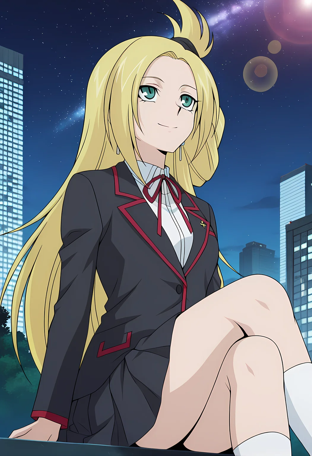 masterpiece,best quality,amazing quality,
1girl, solo,
Kourin Tatsunagi (Cardfight Vanguard), long hair, blonde hair, green eyes, school uniform, jewelry, earrings, neck ribbon, white shirt, blazer, long sleeves, pleated skirt, white socks,
looking up, smile,
cinematic, cross legs, crossing legs,
Outdoors, night, On top skyscraper, galaxy sky,
Lens flare, bloom,
Official style, anime screencap, anime coloring,