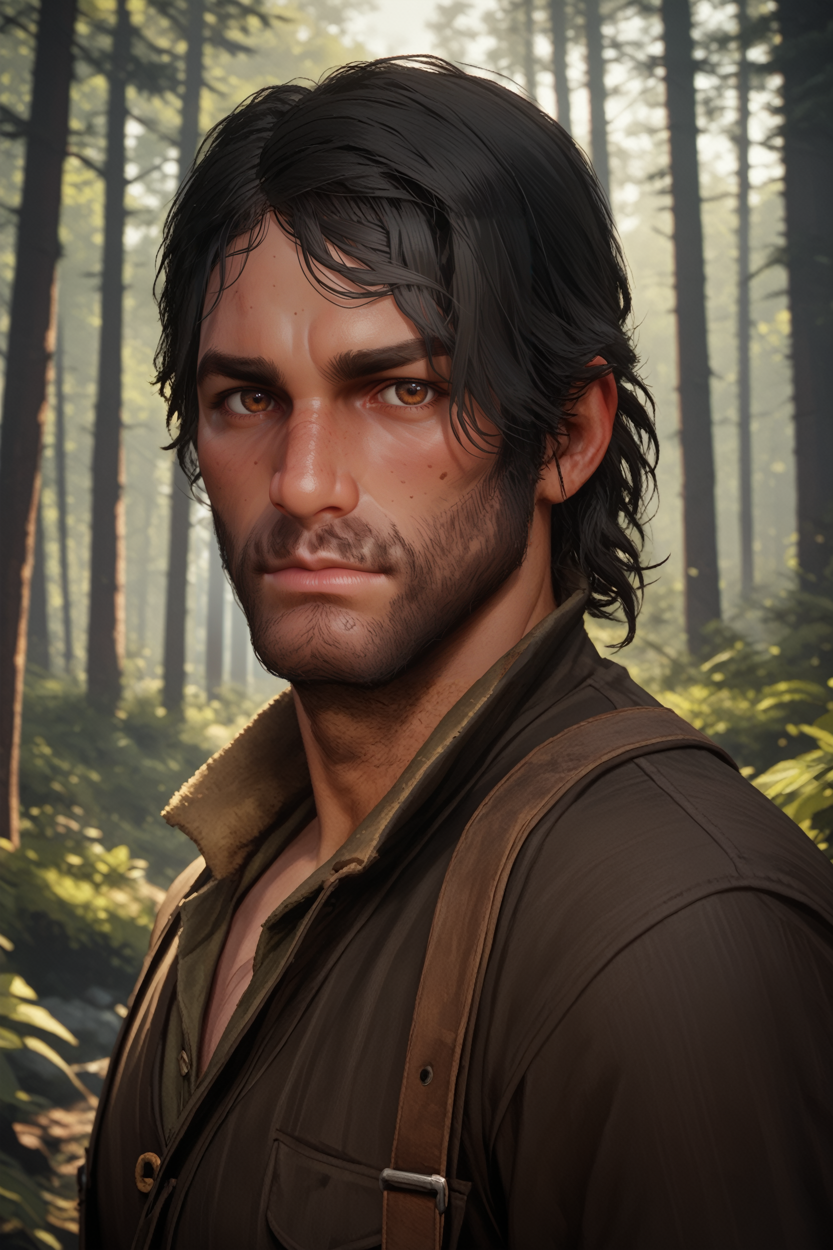 score_9, score_8_up, score_7_up,
<lora:RDR2John:0.8>
RDR2John, 1boy, black hair, brown eyes, facial hair, looking at viewer, standing in a Dark forest with moonlight filtering through, mysterious and serene