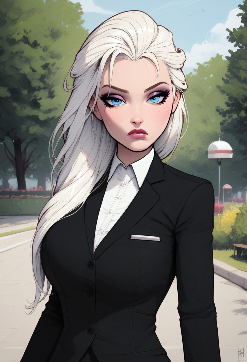 score_9, score_8_up, score_7_up, BREAK, 1girl, upper body focus, bimbo, bored eyes, happy face, (half body:1.2), walking, eyes, big tits, park,
white office outfit, looking at viewer, 
elsa, white hair, long hair, blue eyes, BREAK,
detailed face,,