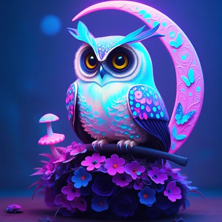 crescent moon, armor, butterfly, owl, blurry, mushroom, Glowing neon colors, purple flower