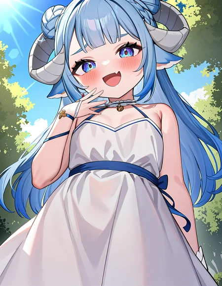1girl, (MinaiAruma:1.1), (mesugaki:1), 
flat chest, ( looli:1.1), aged down, skinny, (covered navel:0.7), narrow waist, 
alternate costume, white dress, bare shoulders, 
naughty face, doyagao, highly detailed eyes, blue hair, blue eyes, long hair, 
from below, looking at viewer, (hand on own chin:1), laughing at viewer, (skirt lift:0.8), 
highly detailed background, dutch angle, facing sunlight, sunny day, blue sky, nature, tree, (sfw:1), 
<lora:mesugaki_XL_v1:0.8>, <lora:MinaiArumaXL_animagine3:1>, <lora:enhancerV4-xl:0.6>, masterpiece, newest, absurdres