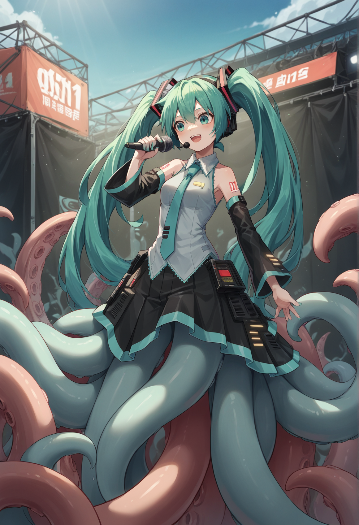 squid girl, monster girl, tentacles, 1girl, suction cups, hatsune miku, outdoors, stage, holding microphone, green hair, twintails <lora:tentacle_girl:1>, score_9, score_8_up, score_7_up, score_6_up, score_5_up, score_4_up, BREAK source_anime, masterpiece