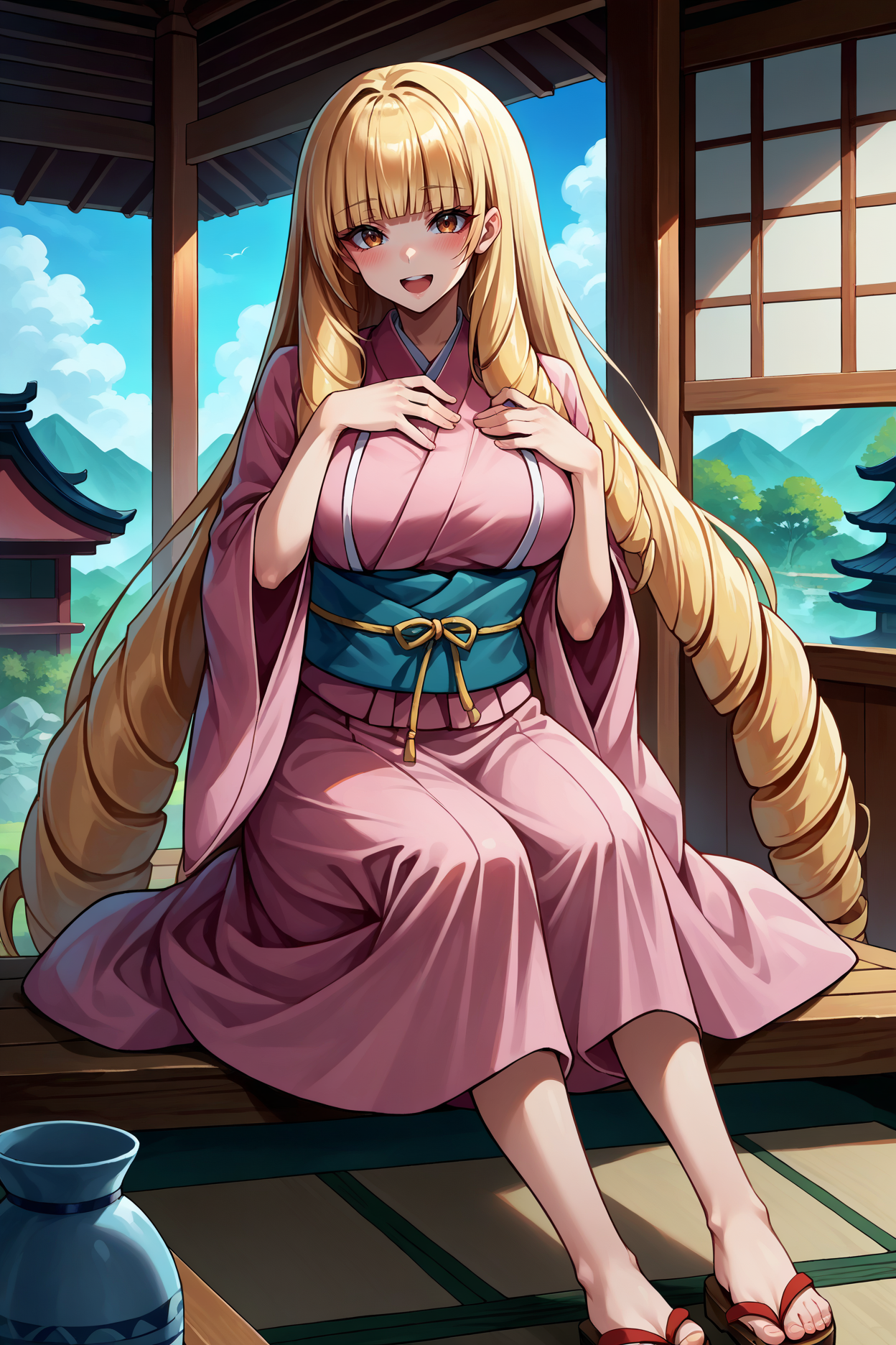 score_9, score_8_up, score_7_up, score_6_up, source_anime, 1girl, solo, <lora:roseoriana-pdxl-nvwls-v1-000006:1> r0se, blonde hair, very long hair, drill hair, blunt bangs, brown eyes, pink kimono, sash, big breasts, sitting, japanese house, indoors, sandals, looking at you, happy, blue sky, blush, hand on own chest