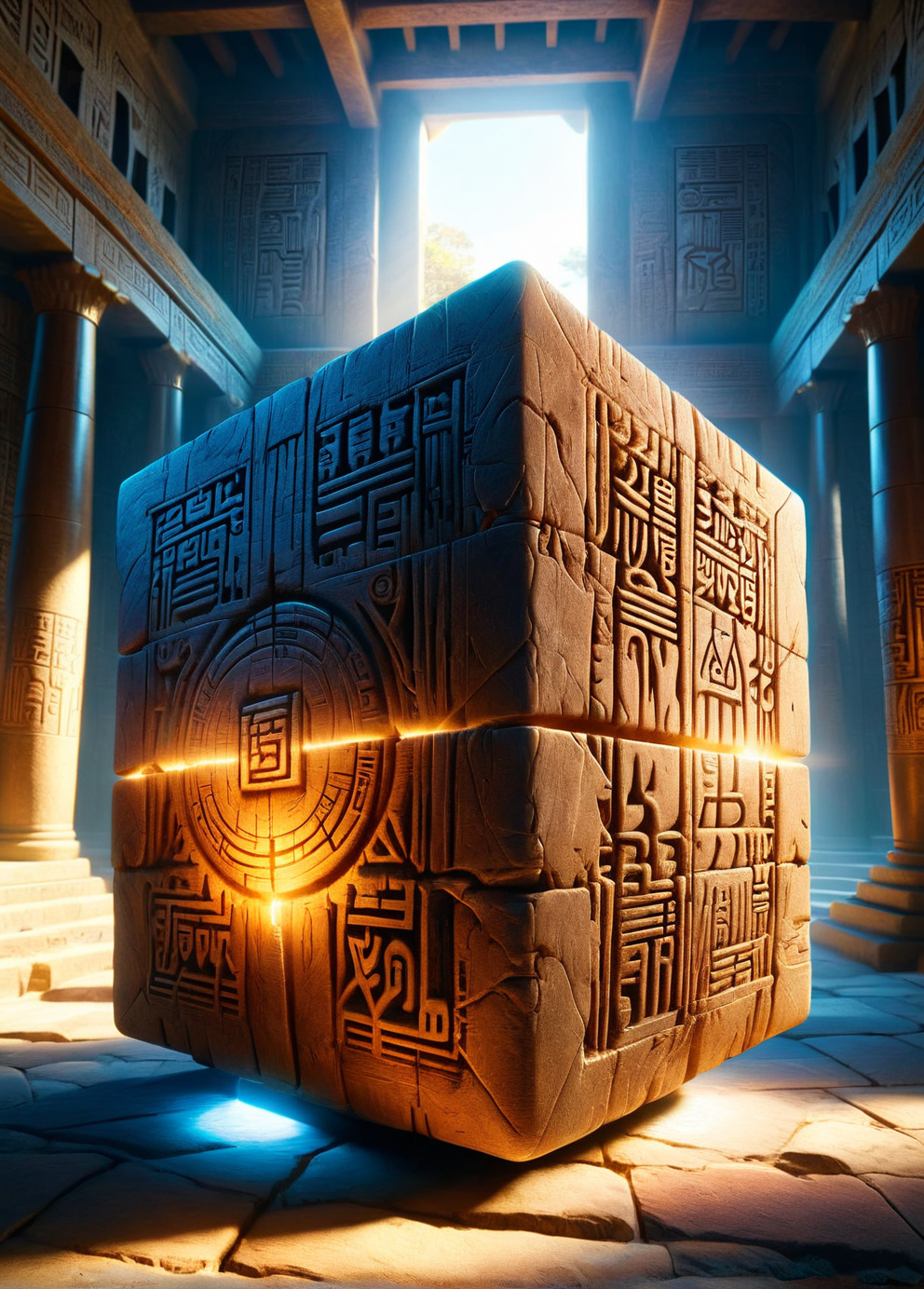 A mysterious ais-rghhwn cube floating in the center of an ancient temple, with hieroglyphs covering the walls and a beam of sunlight illuminating the artifact <lora:ais-rghhwn-sdxl:1>