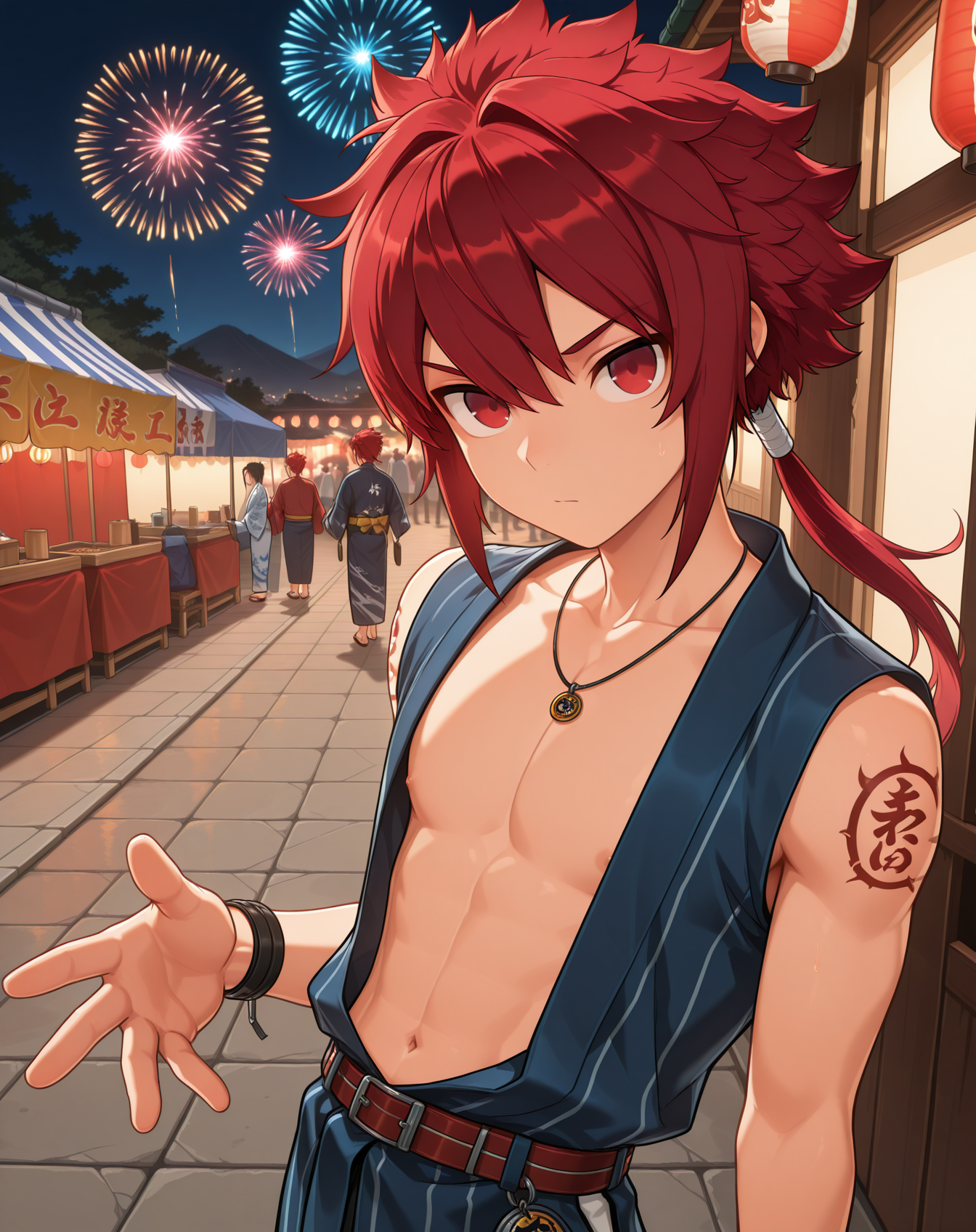 masterpiece,best quality,amazing quality, newest, very aesthetic, absurdres,
1boy, solo, yaoi, male focus, looking at viewer, cowboy shot,
 <lora:Elsword_Rune_Slayer_ilxl:1> elswordrs, red hair, red eyes, arm tattoo, spiked hair, ponytail, long hair,
yukata, open clothes,
outdoors, festival, night, fireworks, stone floor,