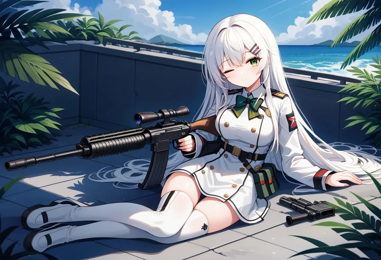 outdoors, sit down, green eyes, urban area,lying down on her stomach,snipe position, thighhighs, half eye closed,her face closer to the gun,left eye on gun perisscope, white haired girl, strip hair clips, white sniper uniform outfit,full body shot,bowtie ribbon,green eyes,ribbon hair ornament,expresionless,sniper elite girl on vacation,IWS 2000 sniper riffle