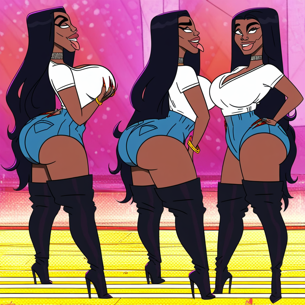 high heels, breasts, nail polish, long hair, fingernails, hand on hip, shorts, jewelry, cheekbone, solo, black hair, short shorts, red nails, thighhighs, high heel boots, ass, grabbing own breast, hourglass figure, dark-skinned female, white shirt, smile, bracelet, tongue out, 1girl, blue shorts, denim, dark skin, cleavage, tongue, hands on hips