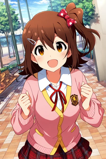 masterpiece,best quality,very aesthetic,absurdres,highres,newest,official art,official style,
1girl,solo,
kasuga mirai,brown eyes,brown hair,hairclip,hair ornament,hair between eyes,one side up,side ponytail,medium hair,
pink cardigan,white shirt,neck ribbon,red skirt,plaid skirt,
<lora:eye_focus_illus:1>,eye_focus,
<lora:idolmaster_kasuga_mirai_ill_v1.0:1>,