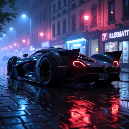 (in Otomo Katsuhiro style:1.2), high-quality, masterpiece, AA futuristic black car with an ornate, gothic-inspired design, resting on a wet street, illuminated by neon reflections on the rain-soaked cobblestones. The custom-made vehicle boasts a streamlined body with large, bold, low-profile wheels that exude power and precision. Its intricate metallic details feature sculpted ornamentation, blending gothic elegance with high-tech futurism. Dramatic lighting cuts through the foggy night, casting long shadows and creating a striking color contrast of glowing neon blues and purples against the sleek black surface of the car. The scene combines gothic sci-fi with Renaissance aesthetics, framed as a masterpiece painting of futuristic high-tech beauty.,deep contrasting shadows, gloss, detailed,vibrant,colorful,color contrast,(dramatic lighting),Picture-perfect image, fog,light particles,expressive,cinematic,((no humans)),UHD,absurdes,visionary,scifi noir.neo-renaissance,crimson, yellow and purple,close-up,zoomed,centeredminimalism, sharp contrasts, Charcoal Sketch, (elaborately detailed attire with extraordinary elements:1.1), (hyperdetailed:1.1), (intricate details:1.0), (Refined details:1.1), (best quality:1.1), (high resolution:1.2)