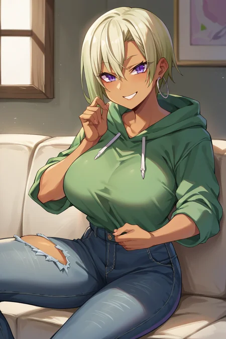 score_9, score_8_up, score_7_up, score_6_up, source_anime BREAK 1girl, solo <lora:honjouranko-pdxl-nvwls-v1-000005:1> houjou ranko, blonde hair, purple eyes, tan, hoop earring, big breasts, green hoodie, jeans, torn pants, looking at viewer, smile, couch, sitting
