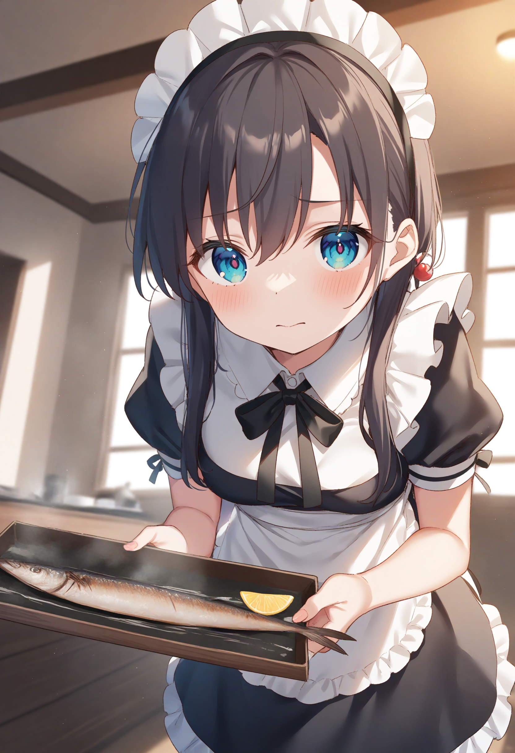 1girl,sincos, ningen mame, toosaka asagi,solo,medium breasts,20yo,maid,maid headdress,
saury, fish, apron, food, tray,holding tray,indoors, <lora:saury_XL_v1:0.8>
ceiling, cinematic angle, looking up, black hair, blue eyes,wince, closed mouth, side hair,,
best quality, very aesthetic, absurdres