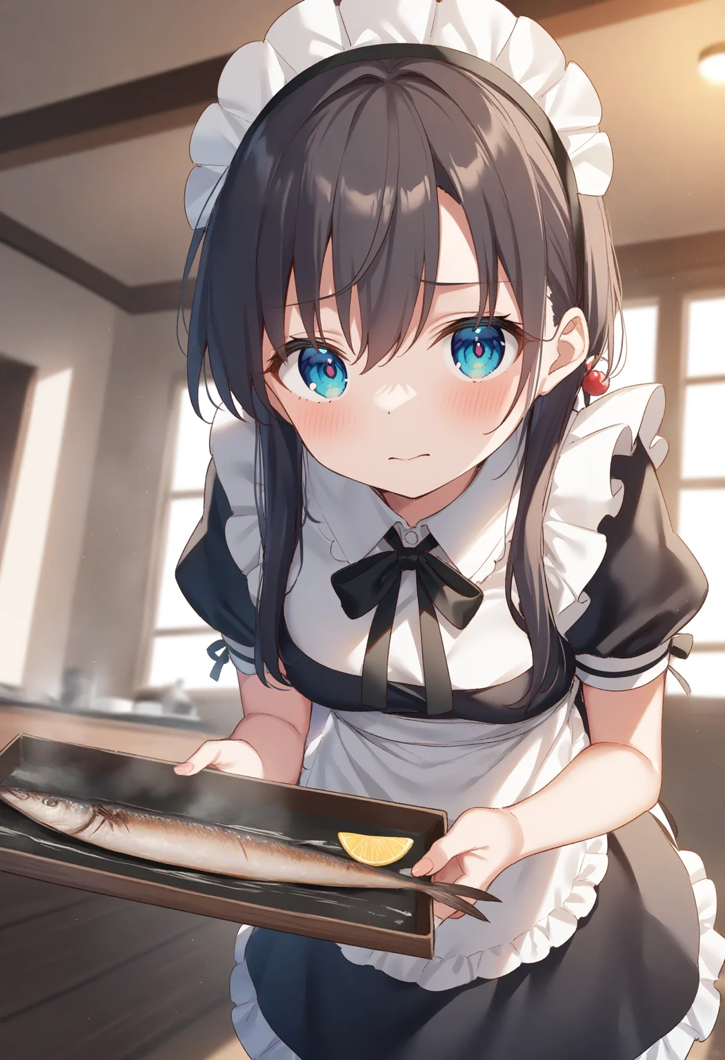 1girl,sincos, ningen mame, toosaka asagi,solo,medium breasts,20yo,maid,maid headdress,
saury, fish, apron, food, tray,holding tray,indoors, <lora:saury_XL_v1:0.8>
ceiling, cinematic angle, looking up, black hair, blue eyes,wince, closed mouth, side hair,,
best quality, very aesthetic, absurdres