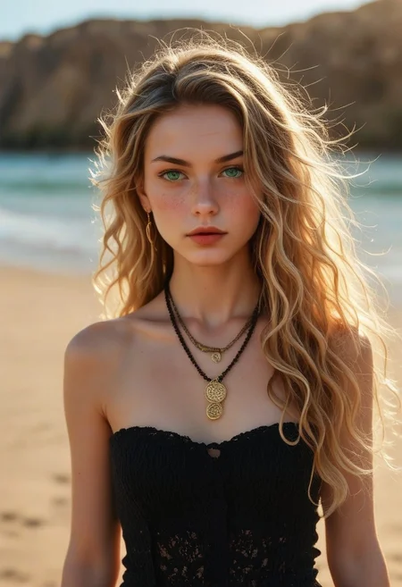 neoteny, soft jaw, small mouth, wideset eyes, barely, clothed, skinny, small tits, light makeup, round face, lipstick, european, body, portrait, 1girl, solo, long hair, jewelry, necklace, upper body, parted lips, looking at viewer, brown hair, lips, realistic, green eyes, bare shoulders, outdoors, blue eyes, blonde hair, collarbone, day, depth of field, messy hair, small breasts, breasts, forehead, arms at sides, eyelashes, photorealistic, slightly wavy hair, pair skin, eyeshadow