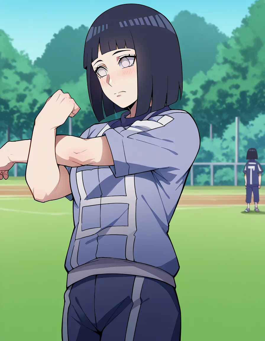 score_9, score_8_up, score_7_up, source_anime, <lora:hinata-hyuuga-boruto-anime-ponyxl-lora-nochekaiser:1>, hinata uzumaki, hyuuga hinata, short hair, bangs, black hair, blunt bangs, white eyes, mature female, large breasts,, <lora:ua-gym-uniform-ponyxl-lora-nochekaiser:1> ua gym uniform, u.a. gym uniform, blue track suit, blue pants, blue shirt, short sleeves,, blush, track and field, <lora:cross-body-stretch-ponyxl-lora-nochekaiser:1> cross-body stretch, stretching, arm across chest, exercising,, cowboy shot,