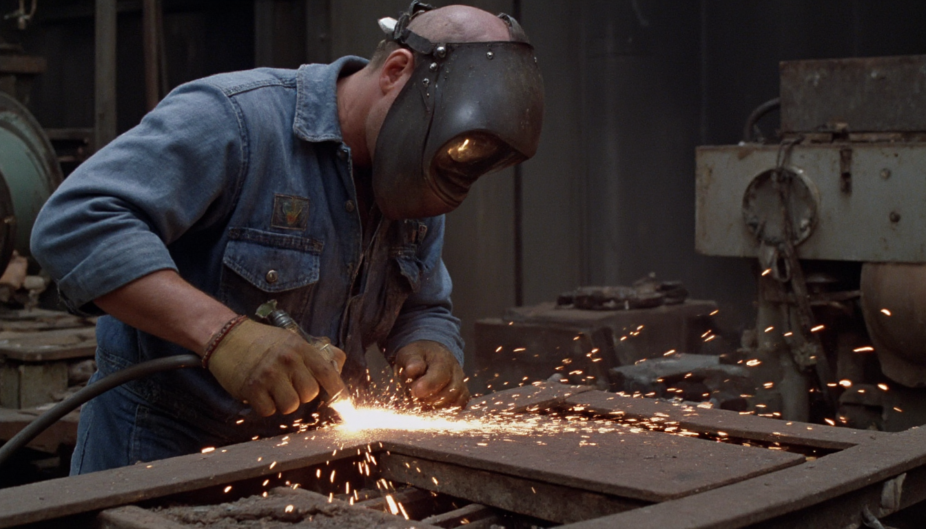cinematic medium shot of a worker in a 1950s factory welding, many sparks flying, wearing a blue dirty jumpsuit and a welding mask. Soft natural light. High resolution. 2000s movie <lora:dark_cinematic-000080:1>