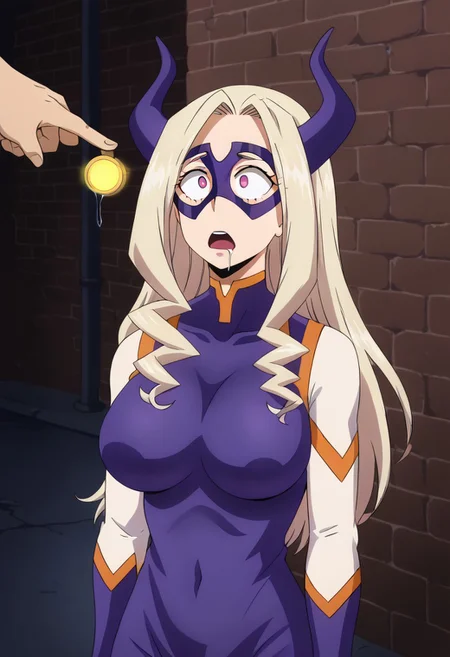 slimes_mtlady, hypno, finger_to_forehead , disembodied_limb, mind control, mask, empty_eyes, shocked expression, drool, large breasts,
Dark alley, dark alley background, night time