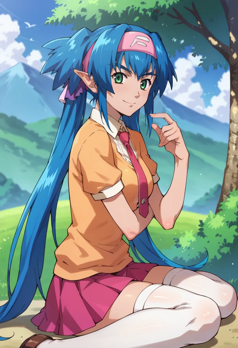 score_9,score_8_up,score_7_up,score_6_up,score_5_up,score_4_up,anime coloring,source_anime,<lora:Klan_Klang_Macross_Frontier_Pony:0.8>,klanl,1girl,green eyes,pointy ears,blue hair,long hair,quad tails,headband,necktie,orange shirt,pink skirt,white thighhighs,smile,sitting,arm support,outdoors,mountain,grassland,on ground,looking_at_viewer,from_side,