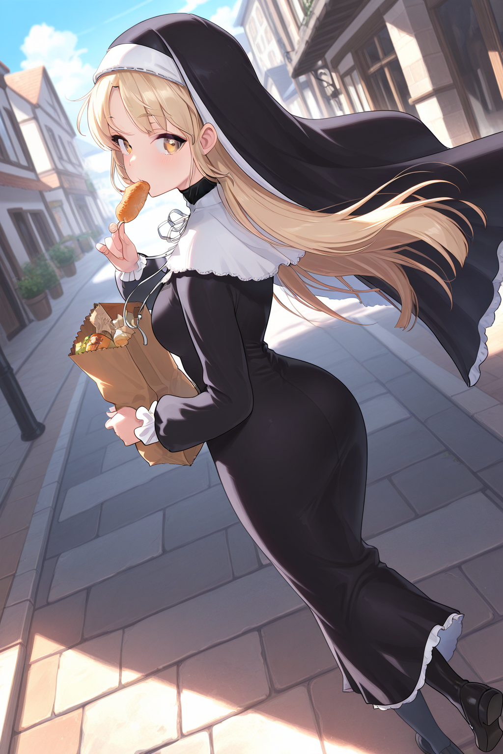 1girl, SisterClaireNijisanji,
general, solo, dynamic angle, 
nun, habit,
walking, holding, paper bag, food,
street, town,
<lora:kp_SisterClaireNijisanji1stCostumeIllustrious_v1_0:1.0>,
masterpiece, best quality, amazing quality