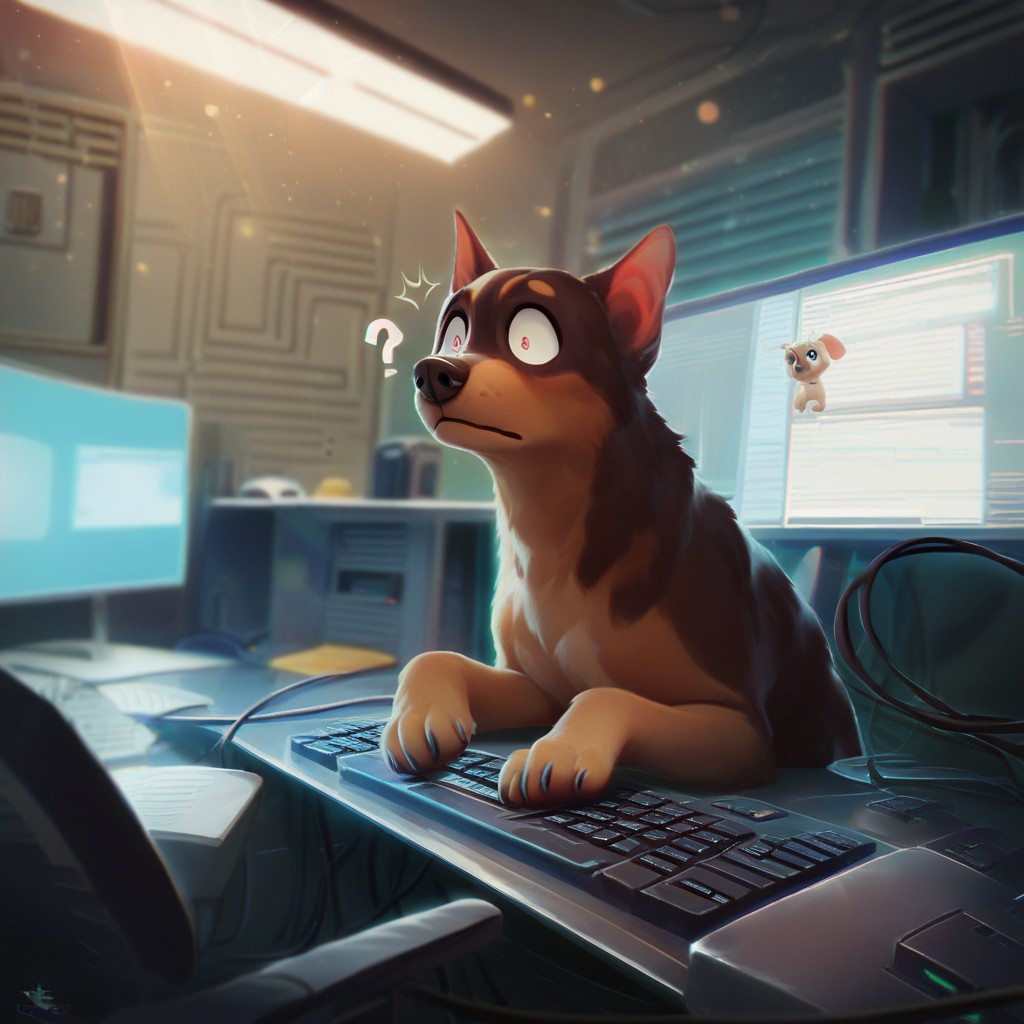 score_9, score_8_up, score_7_up, depth of field, ambient occlusion, bokeh, cel shading, black illustration lines, cinematic lighting, server room, computer lab, computer, information technology, I.T., keyboard, wires, dog, confused, question mark,