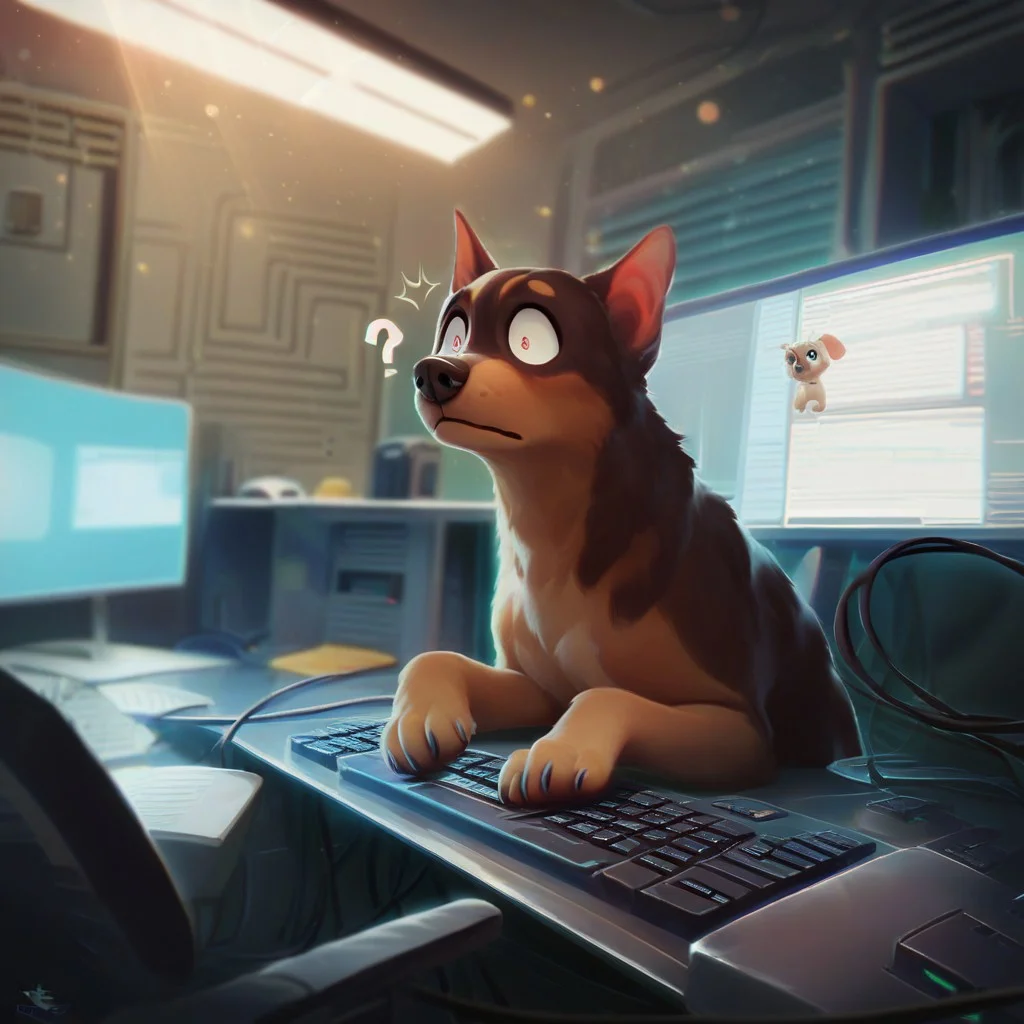 score_9, score_8_up, score_7_up, depth of field, ambient occlusion, bokeh, cel shading, black illustration lines, cinematic lighting, server room, computer lab, computer, information technology, I.T., keyboard, wires, dog, confused, question mark,