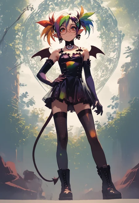 score_9, score_8_up, score_7_up, score_6_up, 1girl, solo, sexy, source anime, 1girl, solo, sexy, source anime, confused, 1girl, solo, intricatehair, twintails, pointy ears, red eyes, skull earrings, choker, wings, elbow gloves, skirt, tail, thighhighs, boots
Alchemy lab, magic circle, looking at viewer, hand on hips, sexy smirk, from below, Mycelia, (rainbow colored hair), candy hairclip, round glasses, green eyes, freckles, petite