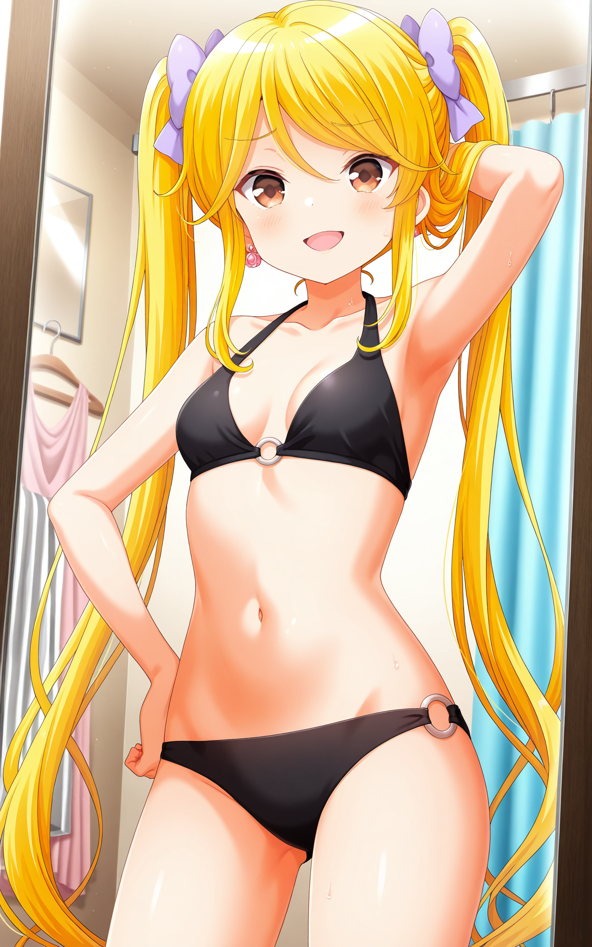 masterpiece,best quality,good quality,newest,4k,perfect lighting,cinematic,very aesthetic,official art,anime screencap,anime coloring,fitting room,mirror,
1girl,solo,tokitani koruri,blonde hair,twintails,long hair,brown eyes,small breasts,hair bow,
black bikini,jewelry,collarbone,midriff,o-ring bottom,thighs,
standing,arm up,adjusting hair,hand on hip,looking at viewer,smug,open mouth,BREAK
<lora:ILkoruri:1>