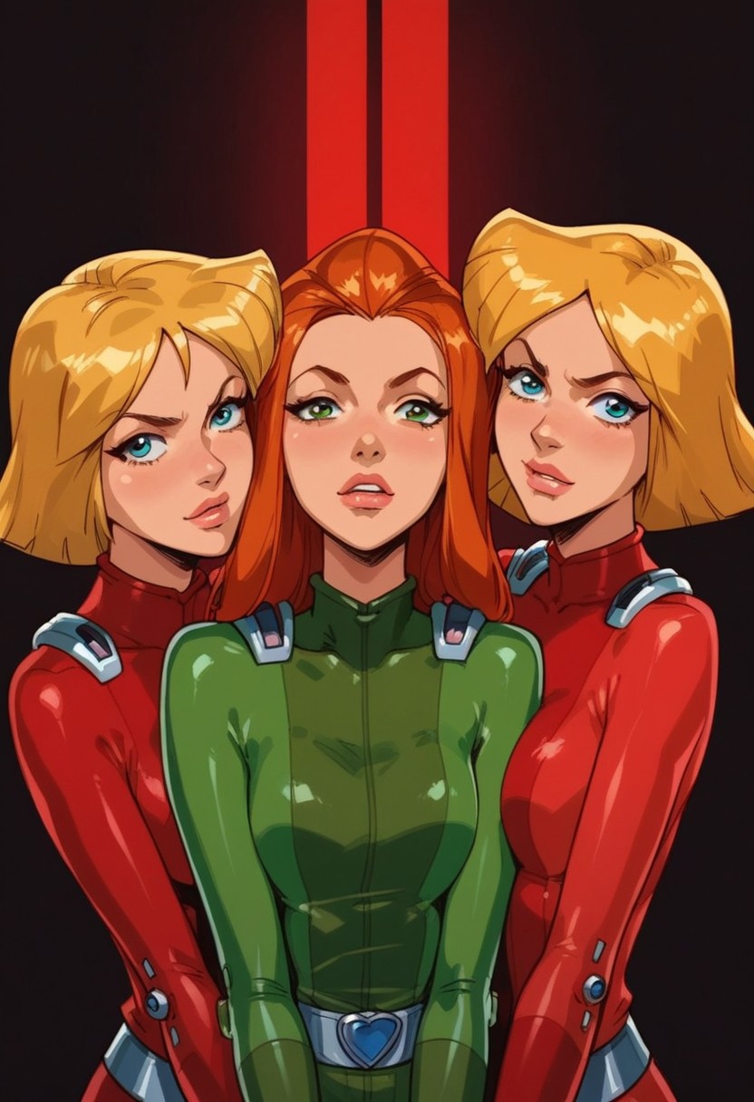 masterpiece,best quality, highly detailed, score_9, score_8_up, score_7_up, score_6_up, source_cartoon, BREAK, 1girls, 3girls, multiple girls, \(totally spies\), samts, alexts, cloverts, orange hair, green eyes, blonde hair, blue eyes, brown hair, brown eyes, red bodysuit, green bodysuit, yellow bodysuit,