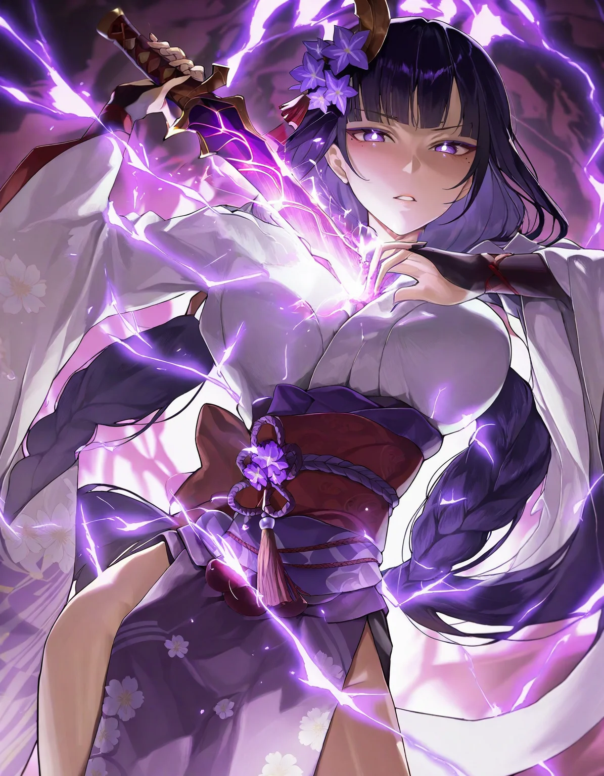 1girl, solo,  drawing sword, holding sword, long hair, looking at viewer, bangs, large breasts, hair ornament, long sleeves, ribbon, purple eyes, purple hair, braid, flower, parted lips, japanese clothes, wide sleeves, mole, sash, mole under eye, obi, bridal gauntlets, purple flower, electricity, purple kimono, obijime, tomoe \(symbol\), obiage, mitsudomoe \(shape\), musou isshin \(genshin impact\), raiden shogun, amazing quality, masterpiece, detailed 4k illustration, detailed, <lora:kren:1>