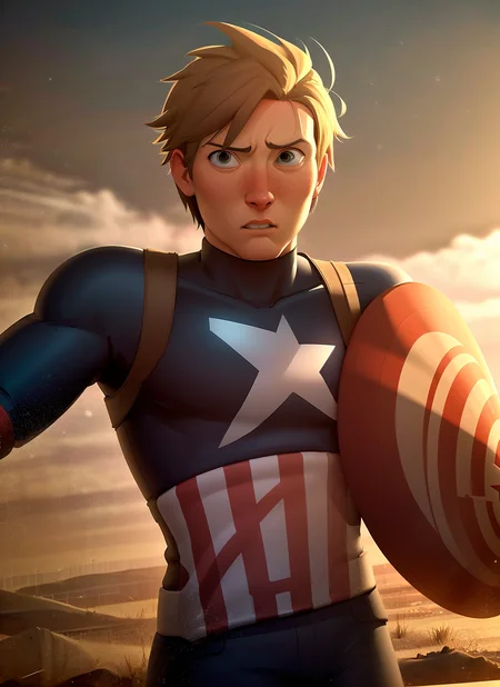4k, fine detail, ultra high resolution, gradient hair, light tracing, real skin, 1boy, solo, serious face, captain america, shield, fighting pose, marvel super hero, military base, outdoors, sinnerart <lora:sinnerartc08:0.8>