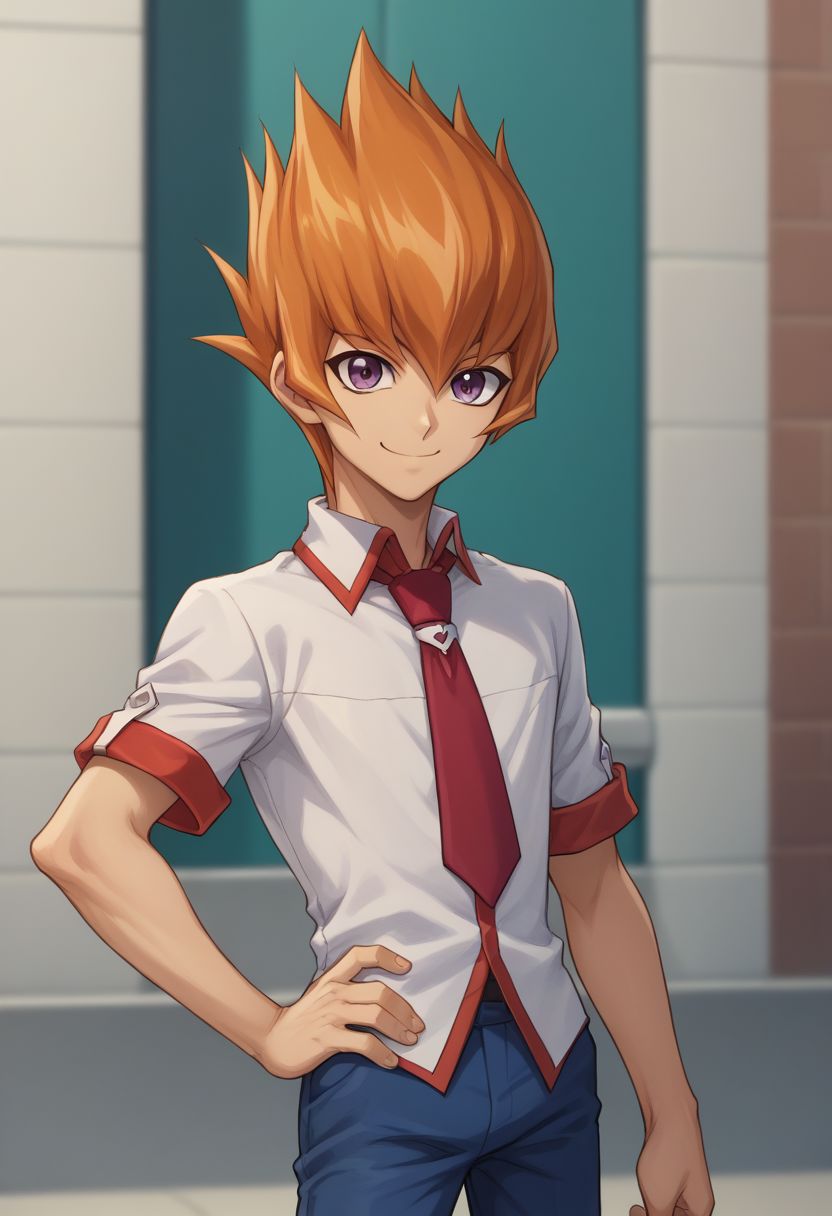 score_9, score_8_up, source_anime, highly detailed, 
rei, 1boy, solo, male focus, purple eyes, necktie, hand on hip, smile, school uniform, pants, red necktie, orange hair, looking at viewer, blue pants, shirt, upper body,
outdoor,