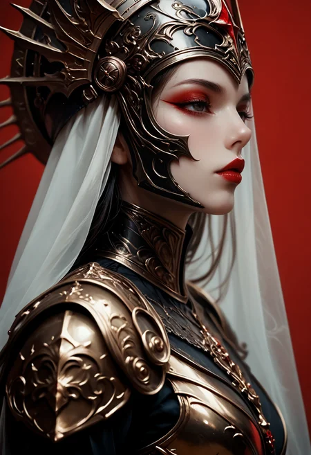 (score_9, score_8_up), score_7_up, long hair, simple background, upper body, armor, from side, lips, profile, makeup, mask, helmet, lipstick, shoulder armor, veil, red background, pauldrons, breastplate, red lips, covered eyes, helm,
dark, blurry background, dark lighting, dof, depth of field, realistic, dark background, CINE
<lora:unholy-000009:0.75> <lora:GRIM_v1:0.3> <lora:CINE-000008:0.4>