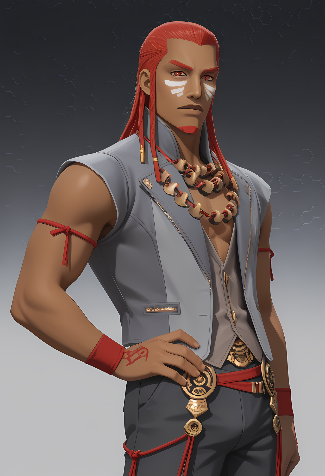 masterpiece, best quality, amazing quality, dutch angle, abstract background, BREAK
1boy, solo, male focus, dds_lupa, long hair, dreadlocks, dark skin, red eyes, facial hair, goatee, necklace, grey vest, pants, BREAK
<lora:cfg_scale_boost:.6>  <lora:Lupa_-_Digital_Devil_Saga_-_ILXL:0.8>