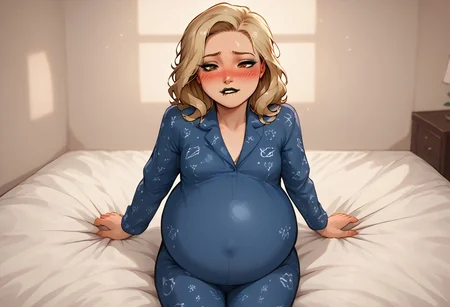 score_9, score_8_up, score_7_up, 1girl, shoulder length blonde hair, brown eyes, black eyeshadow, black mascara, black lipstick, thin eyebrows, curtain bangs, sidelocks, (messy hair), (half-closed-eyes:1.4), (naughty face), (three quarter view), bored, (looking at belly), toned, (selfie:0.4), diffused lighting, dynamic lighting, sitting on bed, tight belly, hand resting on belly, leaning back, axel_rosered, hornaroublush, hose in butt, inflated belly, blue pajamas, high angle
