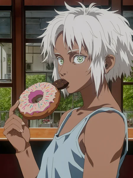 score_9,source_anime,1girl,brown skin,tank top,looking at viewer,from side,blue jeans,flat chest,cafe,upper body,looking at viewer,eating doughnut,white hair,messy hair,green eyes,beautiful_detailed_eyes,<lora:GITS1995_XL:1>,upper body,