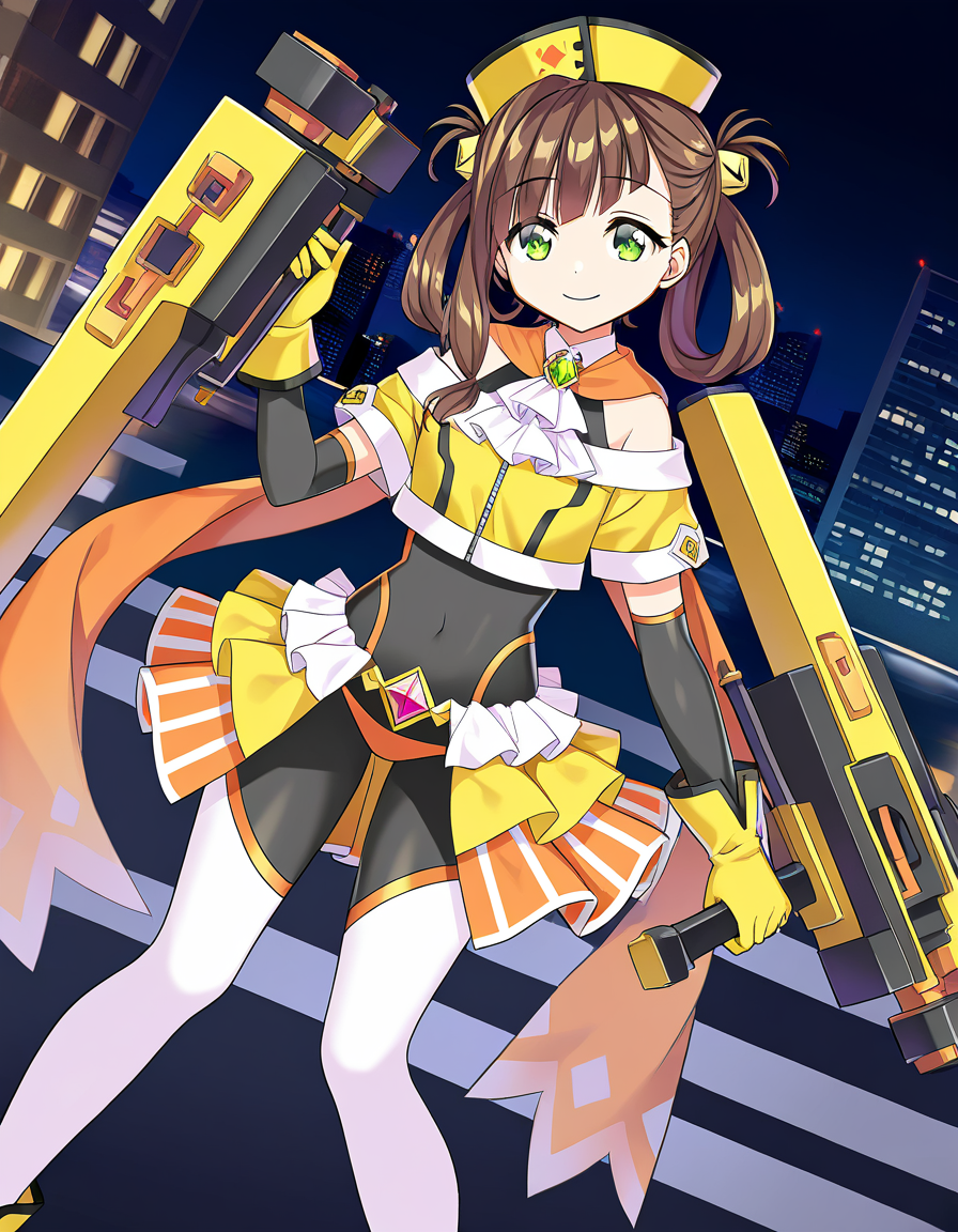 masterpiece, best quality, newest, absurdres, highres, safe, 1girl, awane kokoro, magia record: mahou shoujo madoka magica gaiden, holding weapon, solo, city, night, dutch angle, <lora:awane_kokoro_noobaiXLNAIXL_vPred10Version:0.7>