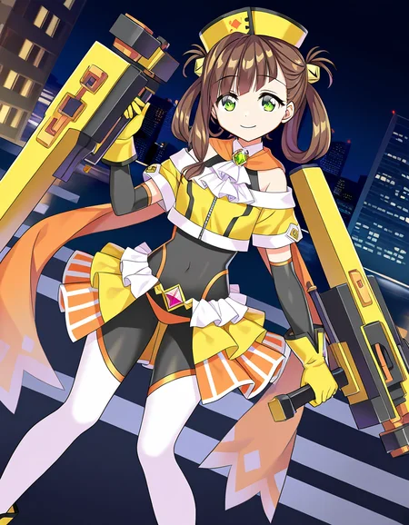 masterpiece, best quality, newest, absurdres, highres, safe, 1girl, awane kokoro, magia record: mahou shoujo madoka magica gaiden, holding weapon, solo, city, night, dutch angle, <lora:awane_kokoro_noobaiXLNAIXL_vPred10Version:0.7>