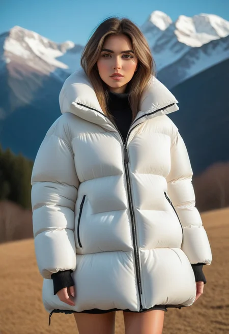 ((((sherpa puffer padded jacket)))), ((((sharpa puffer padded coat)))), ((((puffer skirt)))), ((((cowboy shot)))), ((((from back)))), standing, winter, snow, mountains, 1girl, solo, (masterpiece), (detailed face, detailed eyes), (beautiful detailed eyes:1.5), sidelighting, (super detail, hyper detail, intricate_details, detailed), looking at viewer, (semi realistic:1.6), very detailed face, (Blonde hair), (white hair), absurdly long hair, hair between eyes, (straight hair), (green eyes), put your hair behind your ears, eyelashs, eyeliner, (eye shadow:0.5), wet hair, sweat, white skin, Angry face, (blush), padded cuffs, padded collar, Thick padded cuffs, Thick padded collar, <lora:Collar-SDXL:0.6>, <lora:Cuffs-SDXL:0.6>, <lora:Puffer_Jacket_and_Down_Jacket_-_Extra_Puffy_Jackets:0.6>,  <lora:puffer_skirt_v1:0.6>