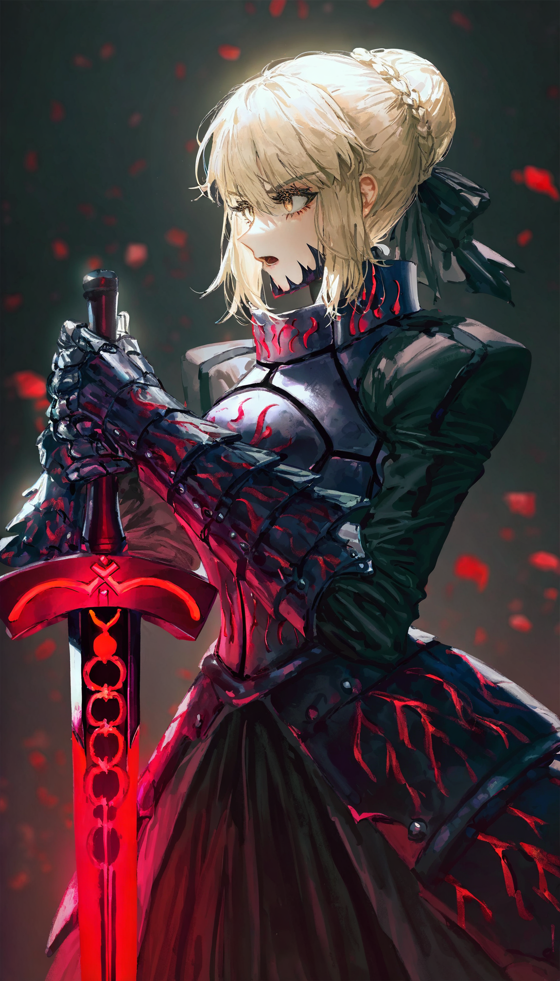 masterpiece,best quality,artist:john_kafka,artist:nixeu,artist:quasarcake, ,gritty,
artoria pendragon \(fate\), saber alter，
1girl, arm up, armor, armored dress, black armor, blonde hair, braid, braided bun, breastplate, brown eyes, excalibur morgan \(fate\), eyebrows hidden by hair, from side, gauntlets, hair between eyes, hair bun, holding, holding sword, holding weapon, looking away, open mouth, short hair, sidelocks, single hair bun, solo, standing, sword, weapon