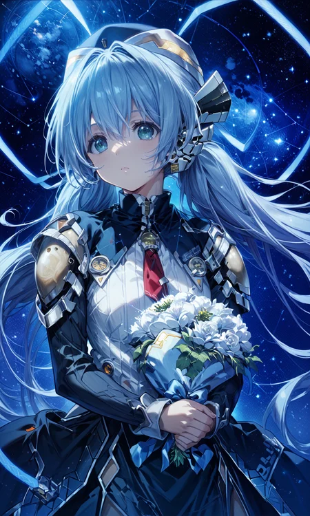 score_9, score_8_up, score_7_up,very aesthetic,
best quality, masterpiece,ultra-detailed,detailed face,
1girl,holding bouquet,chibi,
<lora:hoshino-yumemi-xl:0.95> ,hoshino yumemi, yumemi hat, yumemi uniform, blue hair,glowing ribbon,
planetarium,starry background,constellation,
blue light,
<lora:dark_v1.9-pony:0.6> dark theme,
<lora:pony-lineart_adjust-mki:-0.4>,
<lora:sdxl-hairdetailer_pony_v1:0.8>,
<lora:PonyMinimalStyle:-0.8> ,MinimalStyle,