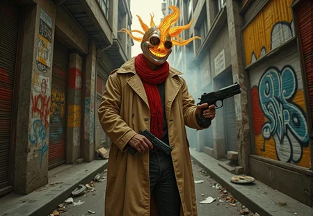 <lora:nule-flux-lora-E4.safetensors:1> nule style
In the heart of a narrow, forgotten alley, the figure stands as a testament to the transience of glory and the eternal cycle of rise and fall. The mask, a radiant creation of sun and flame, glistens with a metallic sheen, its enigmatic smile a bittersweet reminder of the beauty that even decay can hold. The tendrils that fan out from the mask, like echoes of a bygone era's grandeur, shimmer with a melancholic fire, each flare a whisper of the past's vibrant energy.
The figure's attire, a long, tan trench coat that drapes over a dark, layered ensemble, speaks of a journey through time and space. The coat, once a symbol of authority and elegance, now carries the weight of countless memories, each fold and crease a story of loss and resilience. A deep red scarf, a vibrant contrast against the muted tones, wraps around the neck, a touch of warmth in a world that has grown cold.
In their hands, the black semi-automatic pistols are held with a practiced, almost reverent grip. The stance, both assertive and resigned, speaks of a duel with fate, a battle against the inexorable passage of time. The reflective aviator sunglasses, a modern veneer of detachment, mask the eyes that have seen too much, the eyes that carry the weight of a thousand untold stories.
The alley, with its dim, graffiti-covered walls, serves as a backdrop to this tableau of bittersweet melancholy. The graffiti, faded and worn, tells tales of a city that once thrived, now reduced to shadows and whispers. Debris litters the ground, each piece a fragment of a forgotten past. Faint traces of smoke or mist swirl in the air, creating a hazy, dreamlike quality that blurs the lines between reality and memory.
Here, in this urban wasteland, the figure stands as a bridge between the past and the present, a guardian of the stories that time has tried to erase. The atmosphere, infused with a deep, bittersweet melancholy, transforms the scene into a poignant reflection on the fleeting nature of moments and the enduring power of the human spirit.