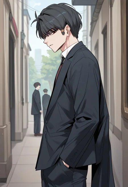 zPDXL3, score_9_up, score_8_up, score_7_up, (Anime_source), 1boy, PadriusEncilion, dark eyes, dark grey hair, short hair, black suit, banquet, looking at viewer, from side, cowboy shot