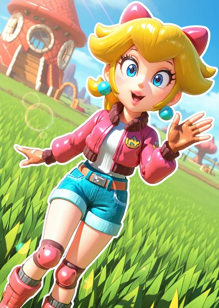 <lora:OMS_MKW_Peach:1> oms_mariokartworld_peach, 1girl, blonde hair, blue eyes, earrings, fingerless gloves, jewelry, ponytail, pink bow, jacket, white shirt, denim_shorts, belt, knee pads, boots,
amazing quality,very aesthetic,absurdres,newest, BREAK depth of field, blurry background, dutch angle, dynamic angle, white outline, lens flare,
looking at viewer, open mouth, smile
oudoors, meadow, standing, waving,