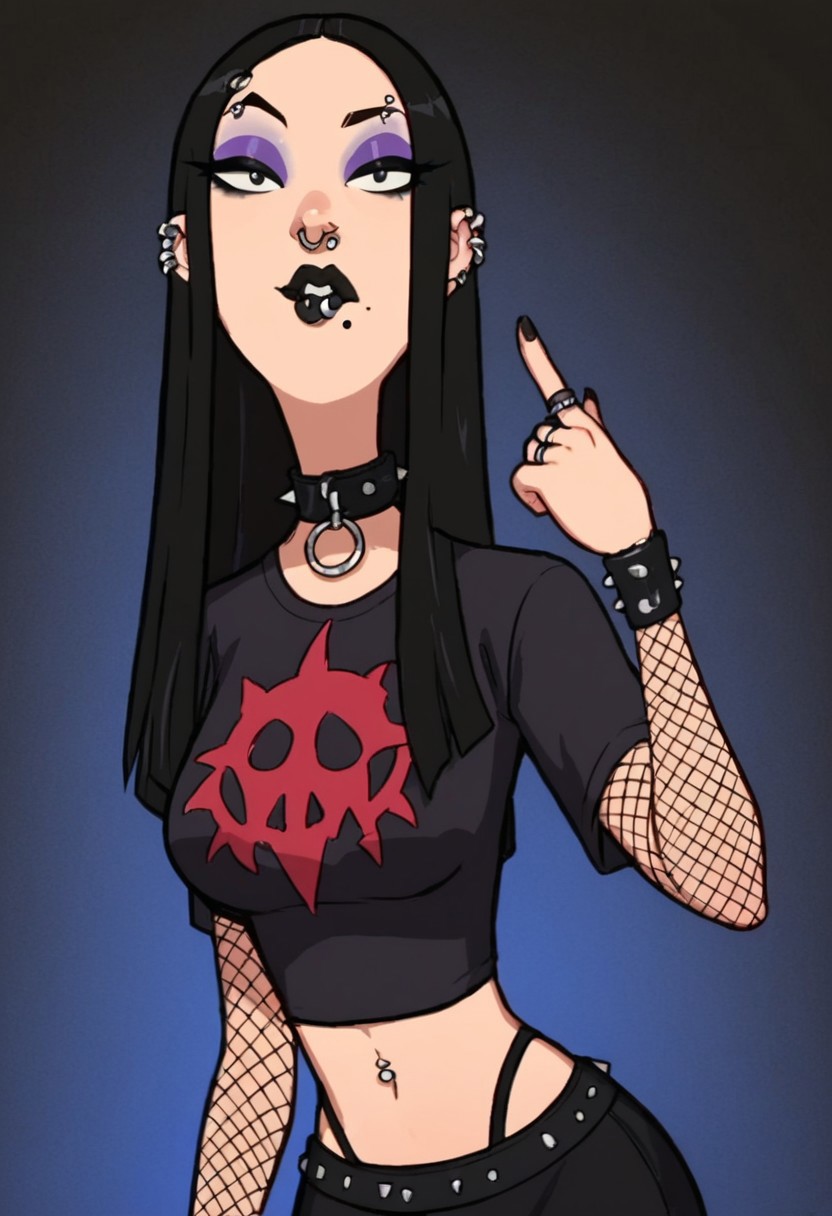 score_9_up, score_8_up, score_7_up, score_6_up,),  (high quality), (high resolution),  g0th1c, glowing, (Perfect eyes, Perfect body), BREAK, 1girl, solo, ((Juliet, goth girl, black hair, long black hair, black eyes, one mole under the left eye, makeup, black lipstick, purple eyeshadow, jewelry, ring piercings, one eyebrow piercing, one lip piercing, one nose piercing, multiples ear piercings, black collar with spikes, black bracelets with spikes, cropped t-shirt,  dark blue t-shirt, short sleeves,  black skirt with red edges, elbow long fishnets gloves, fishnets stocking, black boots, black thong, slim waist, wide hips, medium breasts, ))),  standing, looking at view, upper body, front view,  BREAK, colorful background, blue background, black background, BREAK, score_9, score_8, score_7,